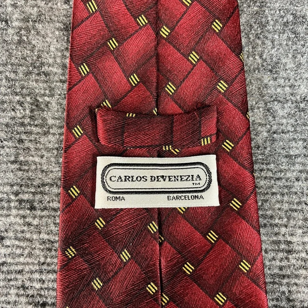 Carlos Devenezia Mens Silk Tie Burgundy Red Basketweave Woven Gold Hand Made